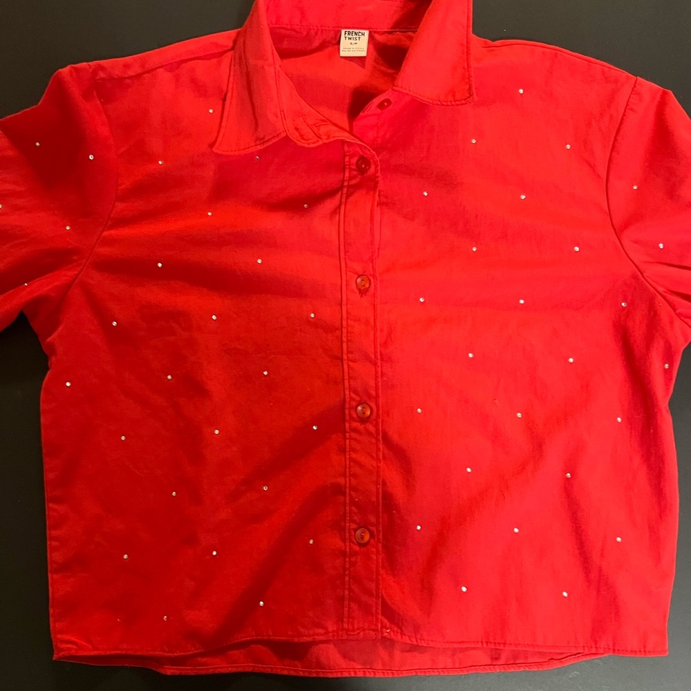 Red Button-Up Shirt with Rhinestone Accent